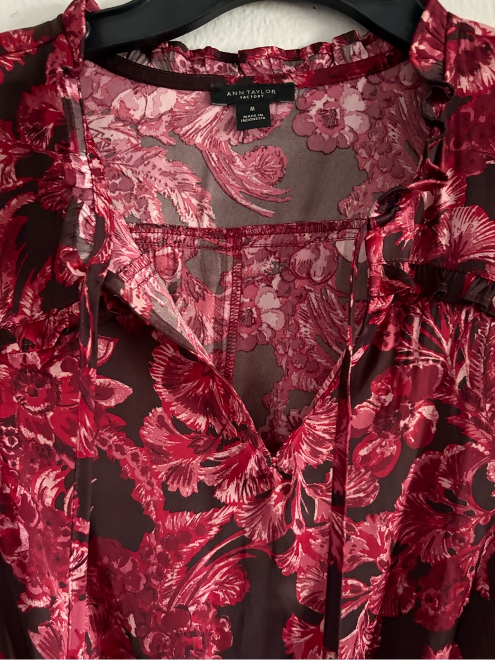 Ann Taylor Factory Pink and Burgundy Floral Blouse with Ruffle Trim